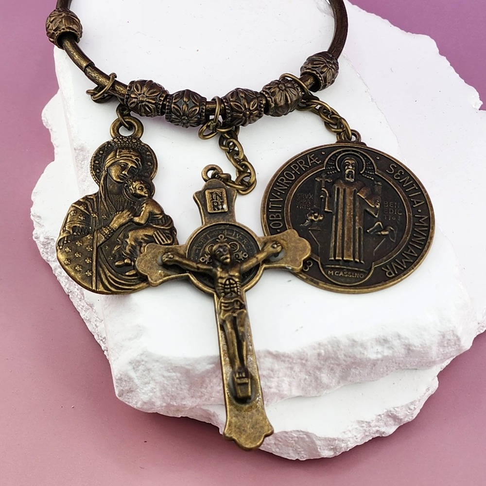 Saint Benedict Catholic Charm Bracelet Crucifix Virgin Mary Antique Brass Tone